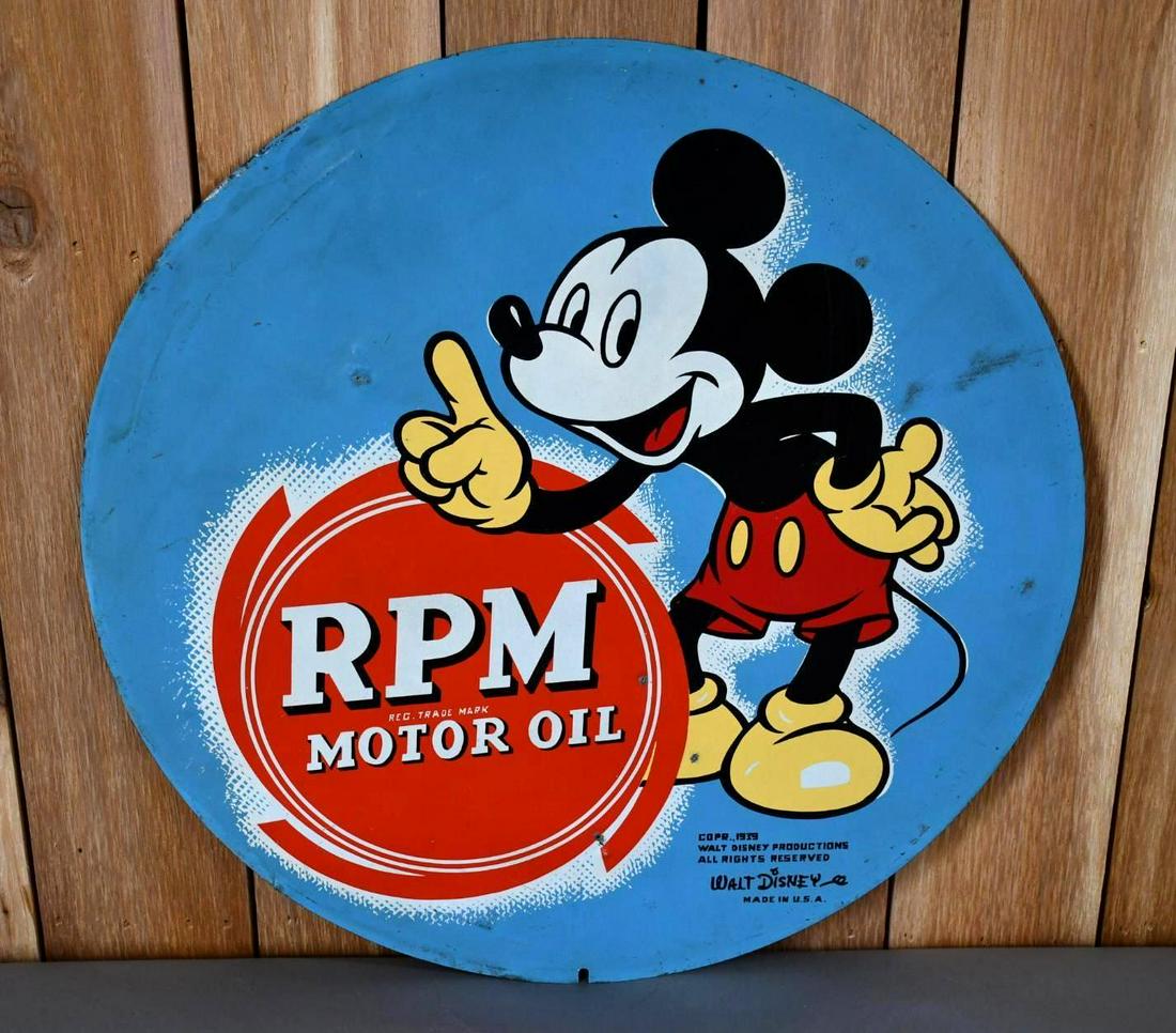 RPM Motor Oil w/Mickey Mouse Logo Metal Sign (TAC): rated 8, 23.75", SST sign has good color and shine, has five extra nail holes and some wear in the field, dated 1939. TAC #043543