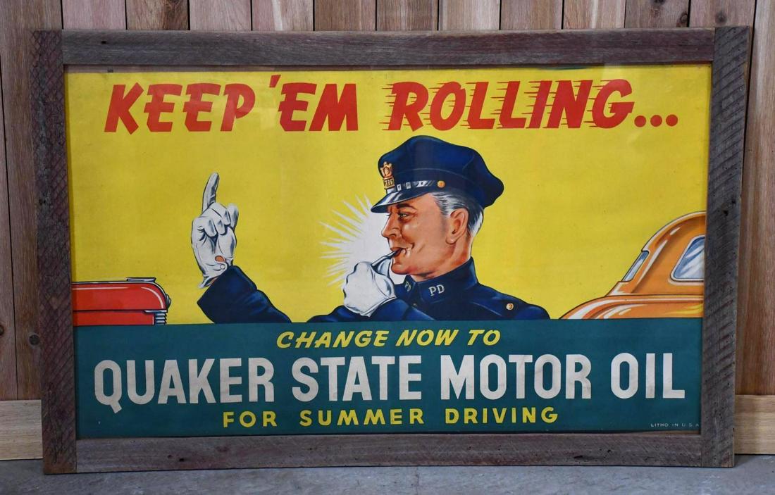 Quaker State Motor Oil "Keep'em Rolling Paper Banner Framed (1 of 6)