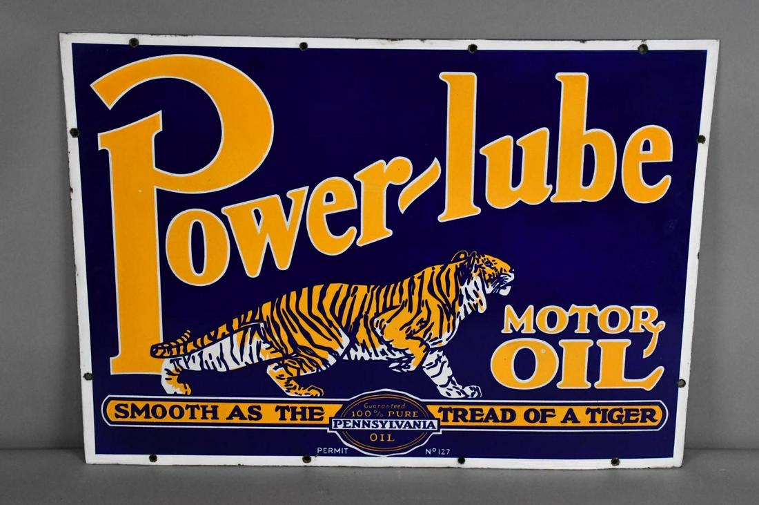 Power-lube Motor Oil "Smooth as the Tread of a Tiger" Porcelain Sign (restored) (1 of 10)