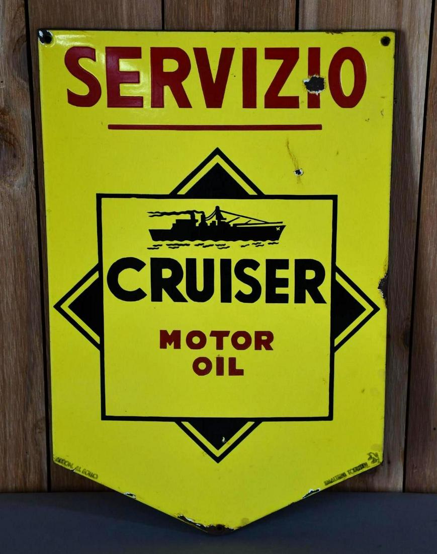Cruiser Motor Oil Servizio w/Ship Logo Porcelain Sign (TAC): rated 8.25, 22.5"x14.75", SSP diecut rolled edge sign has very good color and gloss, has small chips in upper field and around the perimeter, marked Smaltere Torinesl. TAC #047476