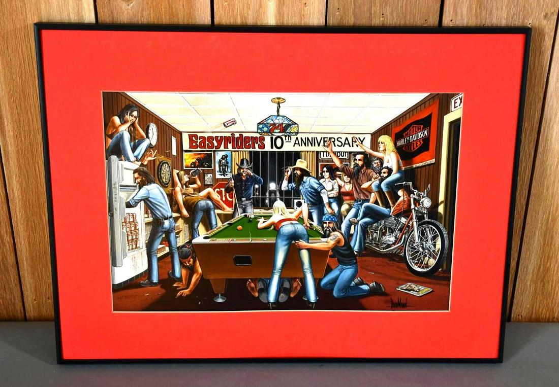 Original Painting by David Mann "Easyriders Magazine10th Anniversary" Harley-Davidson (TAC): rated 9.5, 17.5"x27.5" framed, 12"x18" painting, painting has "Easyrider Magazine 10th Anniversary" banner in the background, lady shooting pool and everyone else partying, sig