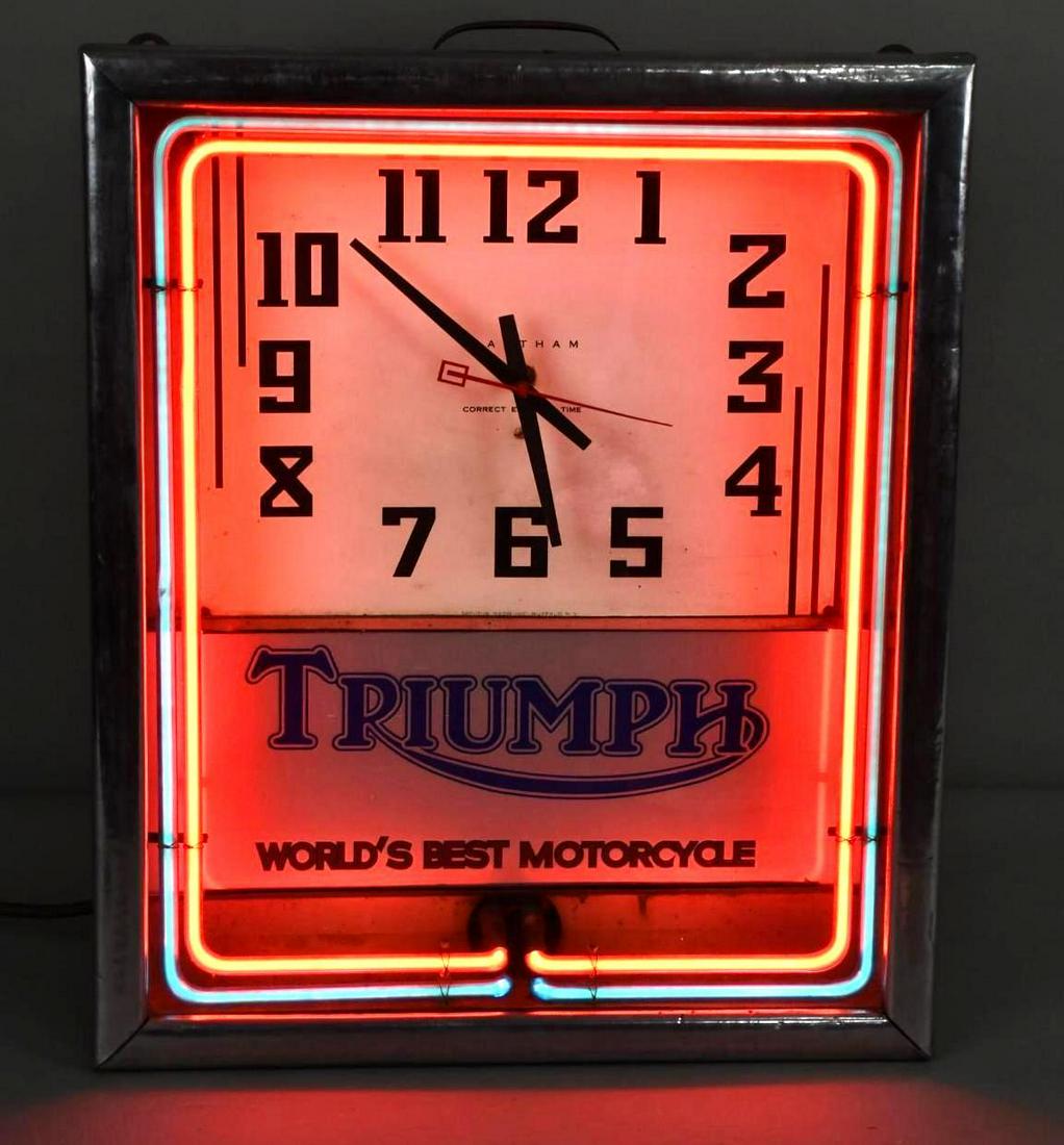 Neon Lighted Clock w/Triumph "World's Best Motorcycle" Sign (1 of 4)