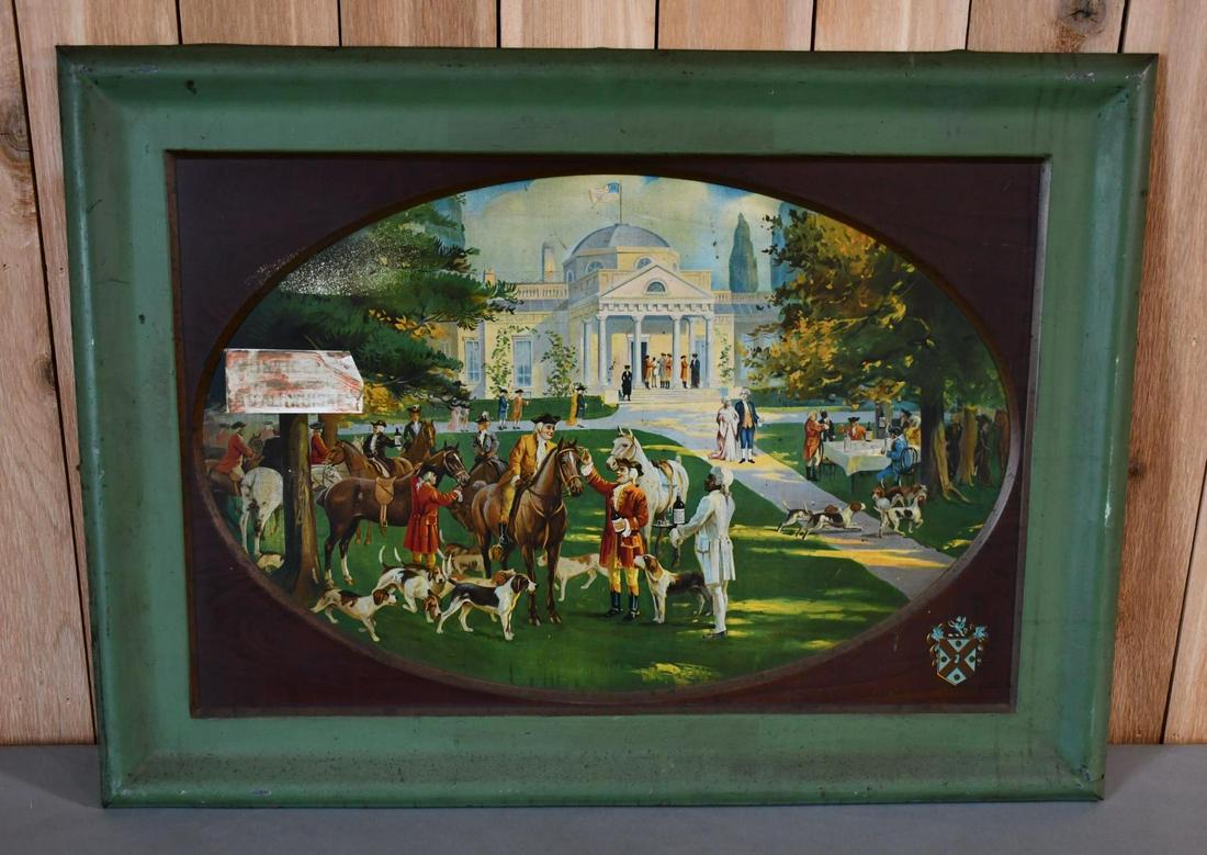 Monticello Whiskey Metal Sign (TAC): rated 6.9, 28"x39", SST self-framed sign has good color and shine, the name badge was painted over at sometime and cleaned, the perimeter of the sign has been painted green. TAC #047380