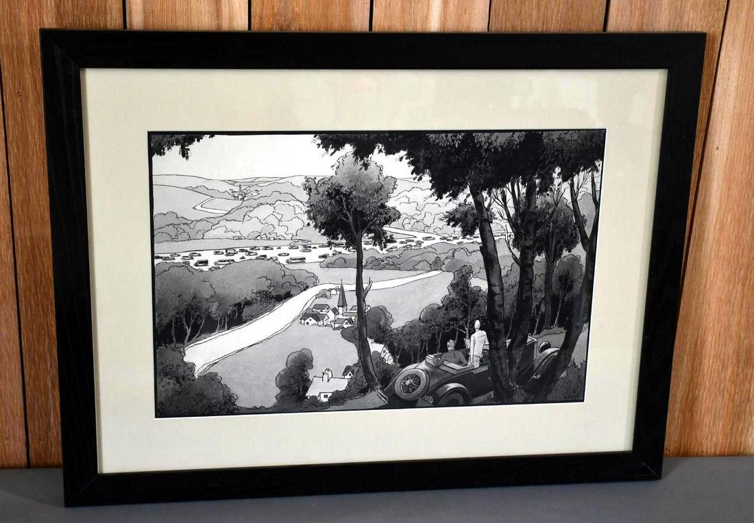 Mix Media Watercolor by Leon: rated 9, 23"x30", in good condition, has a couple sitting in a convertible looking down on a valley.