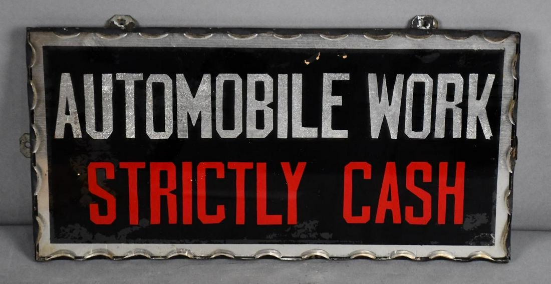 Automobile Work Strictly Cash Chipped Edge Reverse Painted Glass Sign (1 of 4)