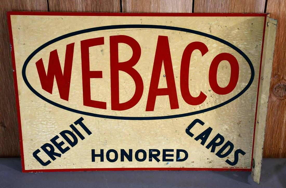 Webaco Credit Cards Honored Metal Flange Sign (TAC): rated 7.5, 14"x20", metal flange sign has paper marks, marked Ready Made Sign Co. N.Y. TAC #043524