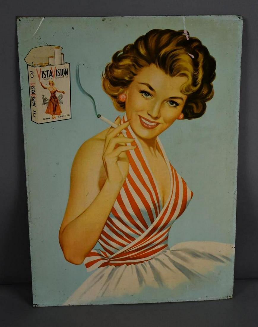 Vista Vision Cigarette w/Lady Smoking Metal Sign (TAC): rated 8.25, 20"x14", SST sign has good color and shine, has light wear and a few dings, marked Yue Ying Can Mfg. TAC #035507