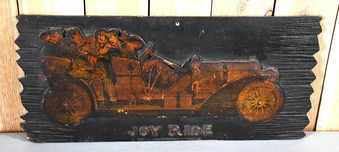 Joy Ride w/Open Car Full of Teenager Wood Sign: rated 6.9, 12"x27", in fair condition.