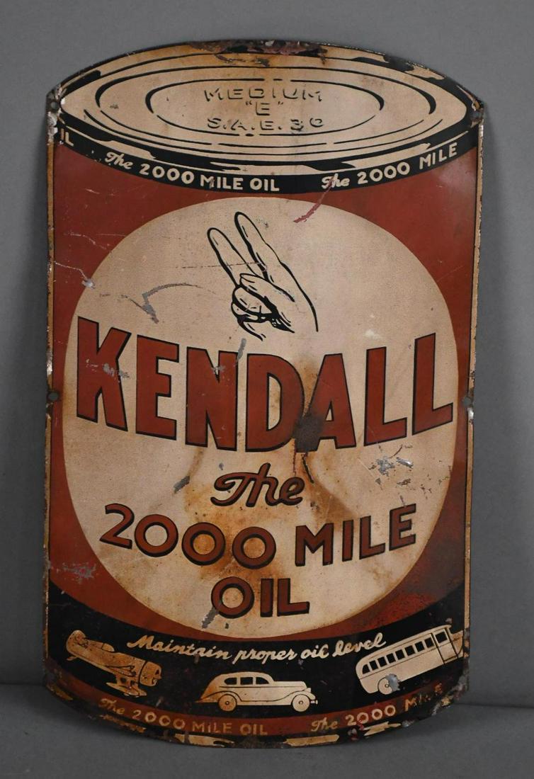 Kendall "The 2000 Mile Oil" Metal Sign: 20"x12", SST diecut sign has wear, creases, scratches and staining.