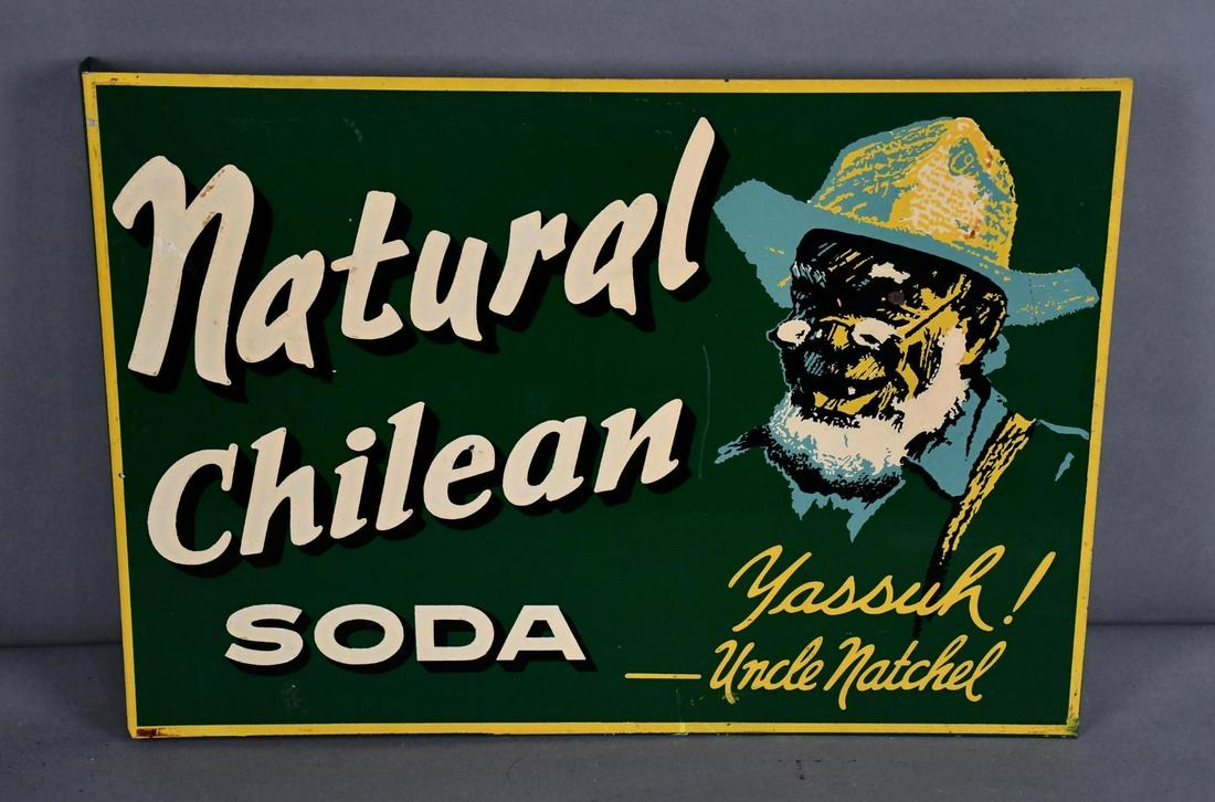 Natural Chilean Soda w/Logo Metal Flange Sign (TAC): rated 8.25, 15"x21", metal flange sign has good color and shine, has wear and fine scratches. TAC #047344