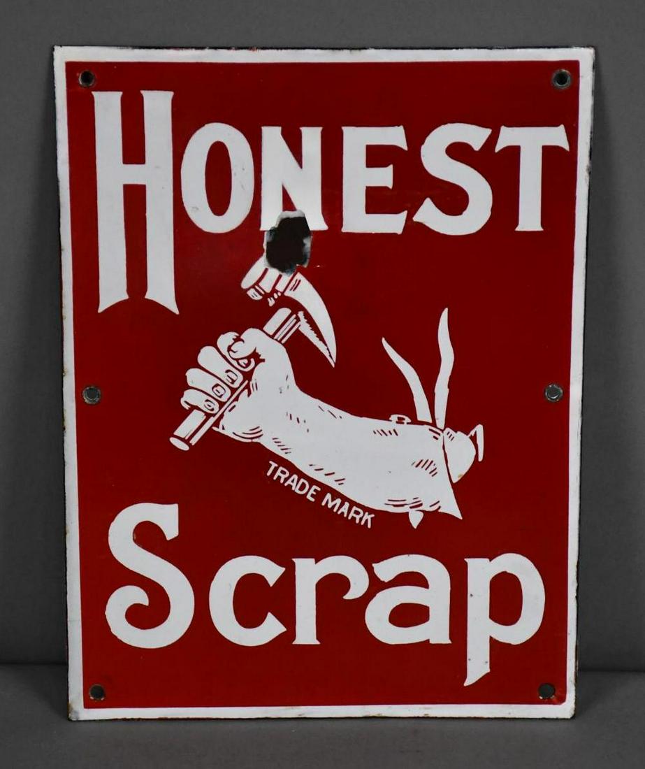 Honest Scrap w/Logo Porcelain Sign (TAC): rated 8.25, 12"x9", SSP sign has good color and gloss, has chip in the field. TAC #043651