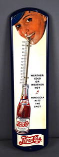 Pepsi:Cola Girl Sipping with Straw Metal Thermometer (TAC): rated 8.5, 27"x7", metal thermometer has very good color and shine, tube is is broken, light wear in the upper field. TAC #043822