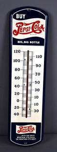 Buy Pepsi:Cola Big, Big Bottle Metal Thermometer (TAC): rated 8.25, 27"x7", the metal thermometer has good color and shine, tube is good, has wear in upper and lower field. TAC #043823 