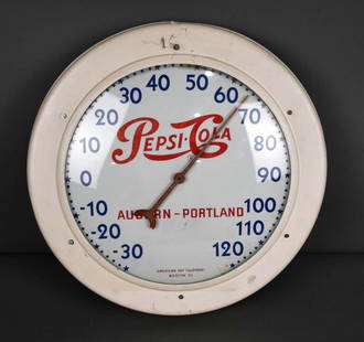 Pepsi-Cola Metal Thermometer: rated 8, 20"D., the metal face is in good condition, the metal outside has been repainted, marked American Art Calendar.Â