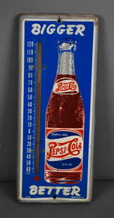 Pepsi:Cola Bigger Better w/Bottle Metal Thermometer (TAC): rated 7.25, 15"x6.5", the embossed metal sign, has light wear, dents at the mounting holes, tube is good. TAC #043913