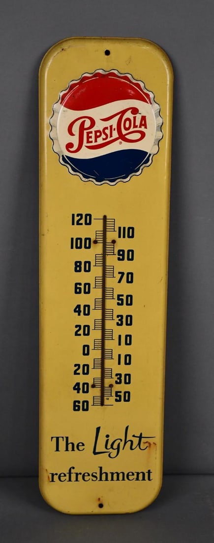 Pepsi-Cola "The Light Refreshment" w/Bottle Cap Logo Metal Thermometer (TAC) (1 of 4)