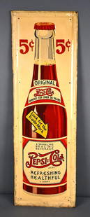 Pepsi:Cola 5Â¢ "Look for the Trade Mark" Metal Sign (TAC): rated 7.5, 49"x16", SST embossed vertical sign has good color and shine, has light wear and fine scratches in the field around the perimeter. TAC #043799