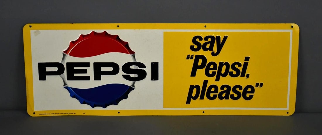 Pepsi say "Pepsi, please" w/Logo Metal Sign (TAC): rated 8.25, 14"x39.5", SST embossed sign has very good color and shine, has very light wear in the field, has crease at the lower left-hand corner, marked Stout. TAC #043742