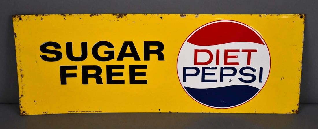 Sugar Free Diet Pepsi Metal Sign (TAC): rated 7.5, 11.5"x30.75", SST embossed sign has good color and shine, has light wear in the field, wear and rust spots around the perimeter, marked Stout. TAC #043771