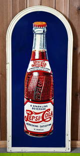 Rare Pepsi:Cola "A Sparkling Beverage" w/Bottle Metal Sign (TAC): rated 8.25, 60"x26.5", the SST diecut embossed wood backed sign has very good color and shine, has light wear and small dings in the field, has extra holes in the perimeter and wear, marked Stout on b