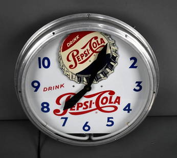 Drink Pepsi-Cola w/Rocking Bottle Cap Neon Clock: rated 9, 20"x20"x5", the metal face and rocking bottle cap are both in excellent condition, metal body is good, lights and works great. Very Cool Clock!