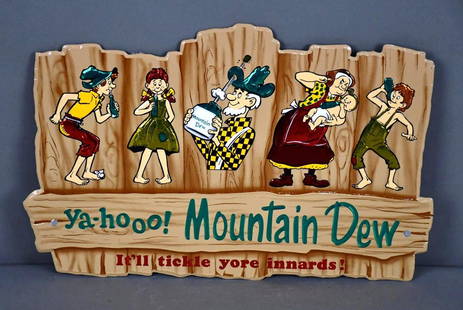 "Ultra Rare" Ya-Hoo! Mountain Dew "It'll tickle yore innards!" w/Logo Foil Faced Cardboard Sign: rated 9.75, 12"x18.25", the single-sided embossed foil faced cardboard sign has excellent color and shine, a great piece you never seen in this condition. TAC #043737