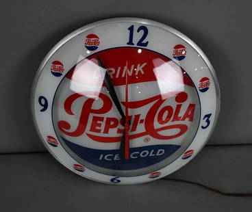 Drink Pepsi-Cola Ice-Cold Lighted Double-Bubble Clock: rated 9+, 15"D., both lenses are in excellent condition, metal back has some wear, has Advertising Products decal, lights up but clock does not work.