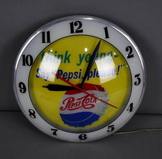 Pepsi-Cola w/Logo "Think young-Say Pepsi, Please!" Lighted Double-Bubble Clock: rated 9, 15"D., both lenses are in good condition, metal back has light wear, has it's original Advertising Products decal, lights up and works, but need a new cord.