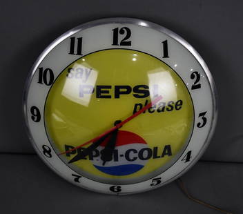 Pepsi-Cola w/Logo "Say Pepsi Please" Lighted Double-Bubble Clock: rated 9+, 15"D., both lenses are in good condition, metal back has light wear has both doors and Advertising Products decal, lights up but clock does not work.