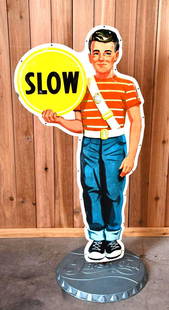 Rare Pepsi-Cola "Slow" School Crossing Guard Sign (TAC): rated 7.5, & 8.75, 60"x30", 2-SST diecut sign mounted back to back, display the field is nice, the white around the edge has been repainted, reverse has light wear. Very Hard to find and unique! T