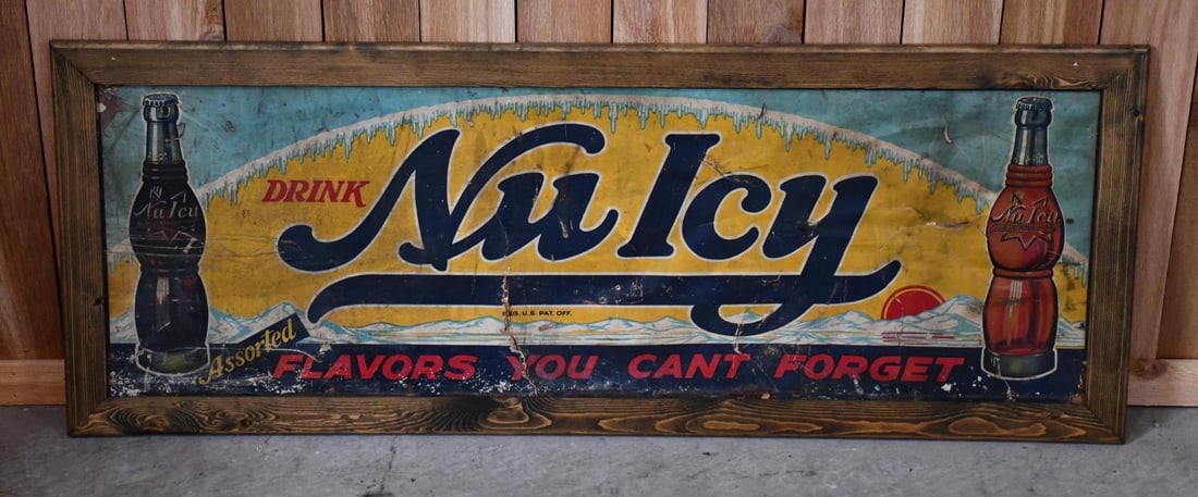 Drink Nu Icy "Flavors You Cant Forget" w/Bottle & Sunset Cardboard Sign: rated 4.5, 24"x63", has wear, tears and damage, in a wood frame.