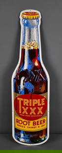 Triple XXX Root Beer Bottle-Shaped Metal Sign (TAC): rated 9.25, 35.75"x12", SSP embossed bottle-shaped sign has excellent color and shine, field is clean, minor wear around the perimeter, marked A-M, dated 1950. TAC #043818