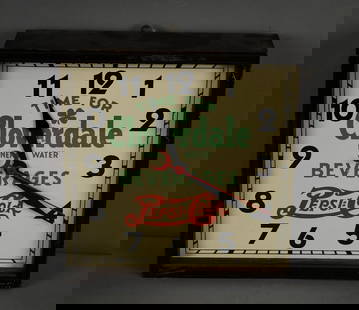 Time for Cloverdale Mineral Water Pepsi:Cola Clock: rated 8.9, 15.5"x15.5"x4", the metal clock face has light wear, so does the wood case, works.
