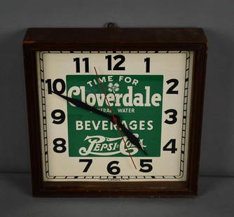 Time for Cloverdale Mineral Water Pepsi:Cola Clock: rated 8.5, 15.5"x15.5"x4", the metal face wood frame clock is in very good condition, there is some wear to wood frame, marked Selectoclock.