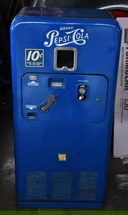 Vendorlator Model #33 Pepsi-Cola Coin Operated Vending Machine: rated 8.25, 52"T., the paint has good color and shine, with light wear, the Pepsi decals on the sides are slightly fade, we do not know if it works.