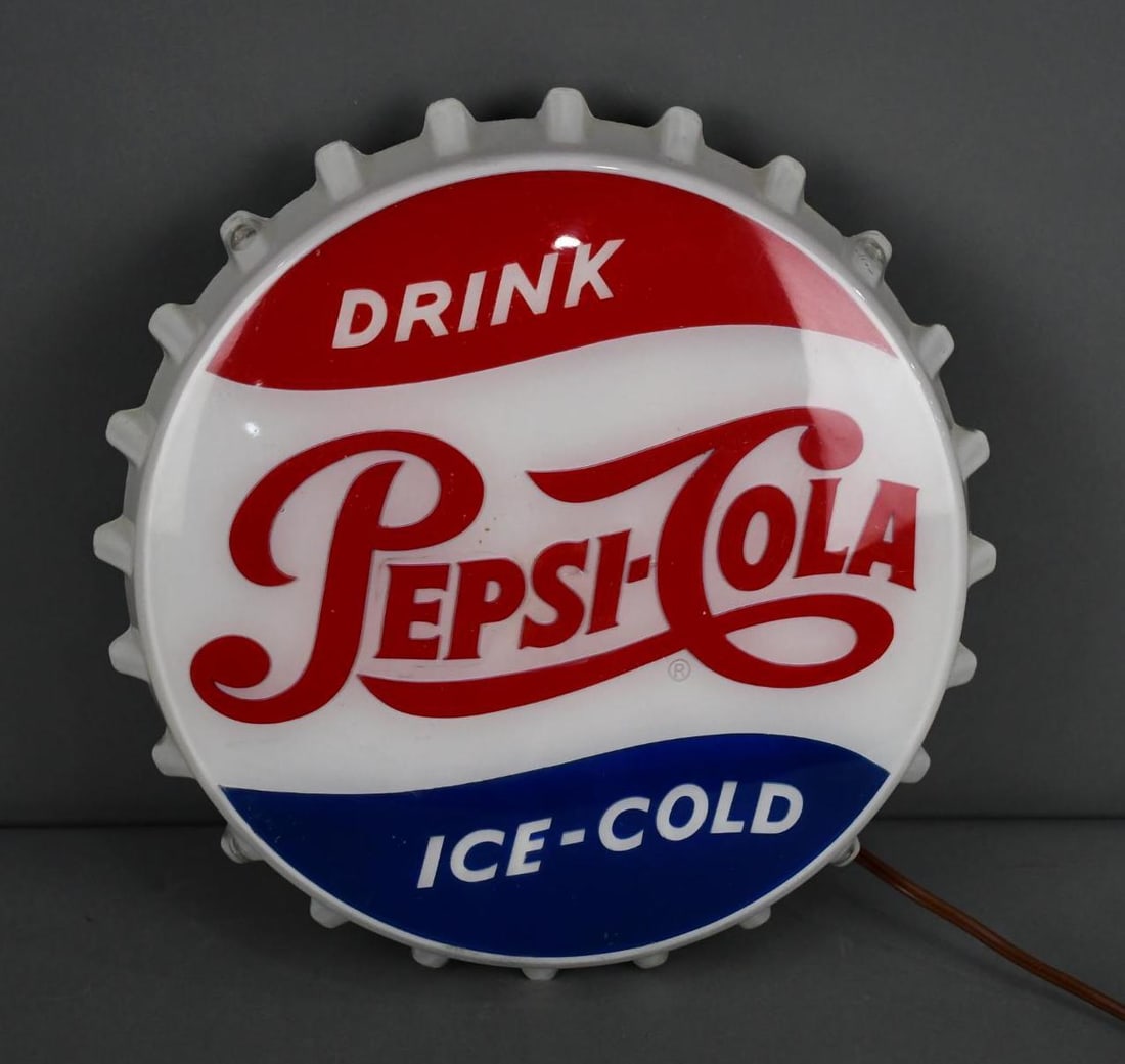 Drink Pepsi-Cola Ice-Cold Plastic Lighted Bottle Cap Sign (TAC): rated 8.5, 16"x16"x4", the molded plastic bottle cap lighted sign has good color, has light wear to face, TAC #024919