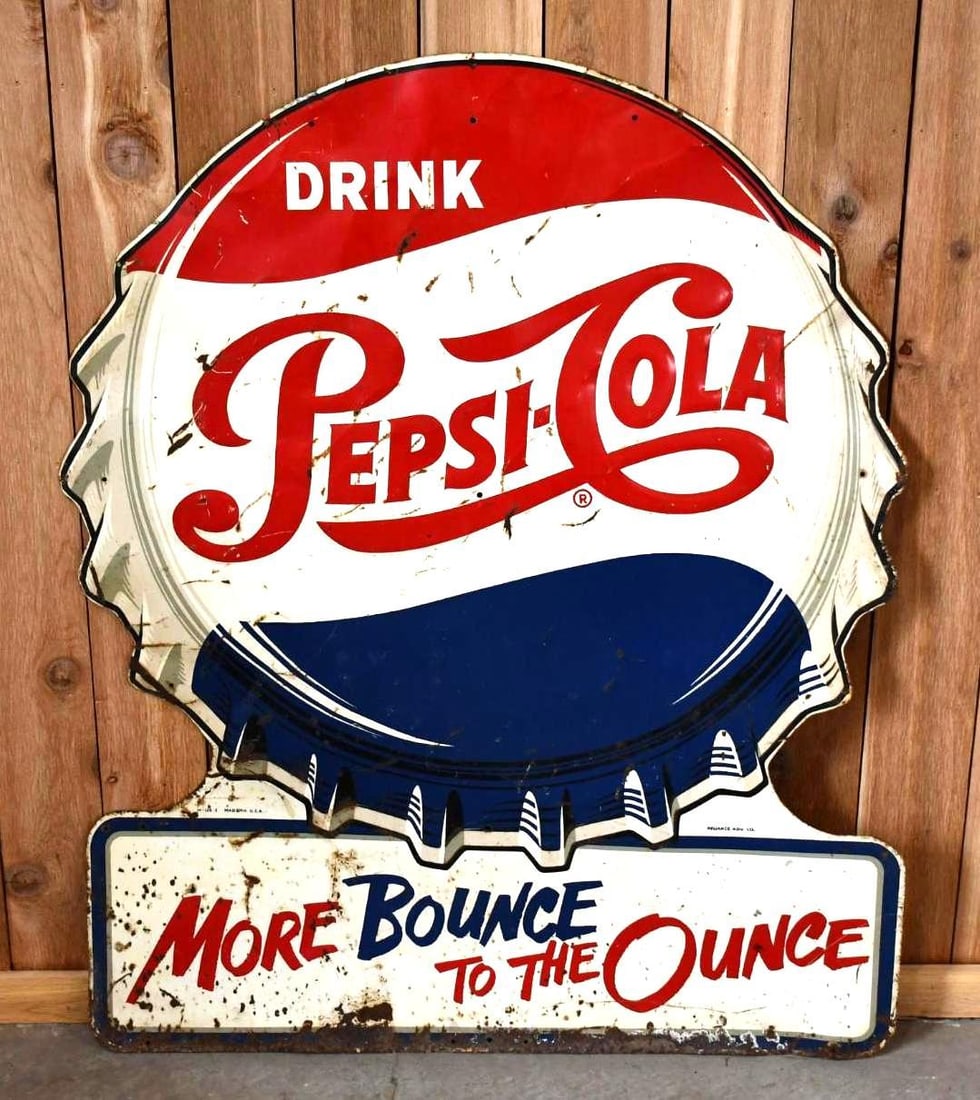 Drink Pepsi-Cola "More Bounce to the Ounce" Metal Sign (TAC(: rated 6.25, 51"x40", SST diecut embossed sign has heavy wear, scratches and crease. TAC #043882