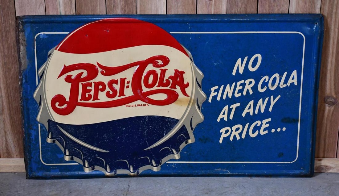Pepsi:Cola w/Bottle Cap Logo "No Finer Cola at any Price" Metal Sign (TAC) (1 of 4)