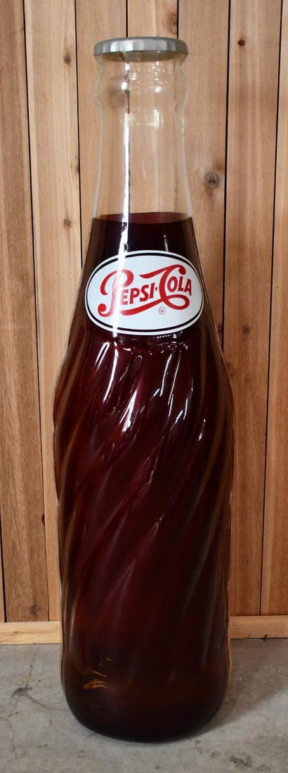 Large Plastic Pepsi-Cola Display Bottle: rated 7.75, 72"T., the plastic bottle has good color, has crack close to the bottom has other light wear, has a Diet Pepsi top.