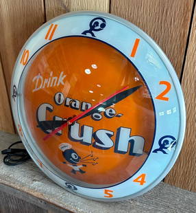 Modern Drink Orange-Crush w/ Crushy Logo Double Bubble Clock: 15" Diameter, Modern Made Clock, Nice Condition & Geaphics, Lights & Works