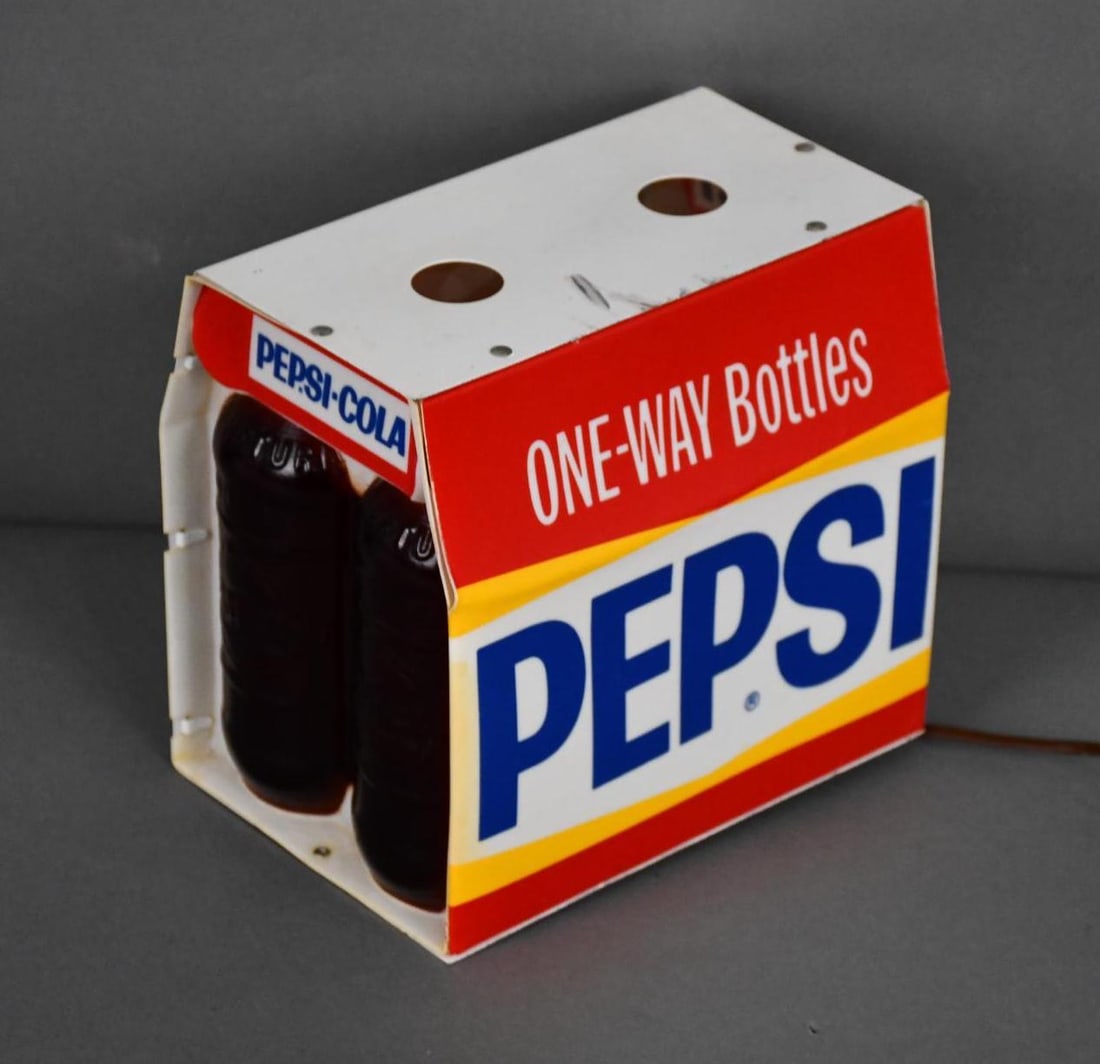 Pepsi One-Way Bottles Plastic Lighted Sign: rated 8.5, 7"x7"x5", the molded plastic lighted sign has good color, has light wear on top, lights up great.