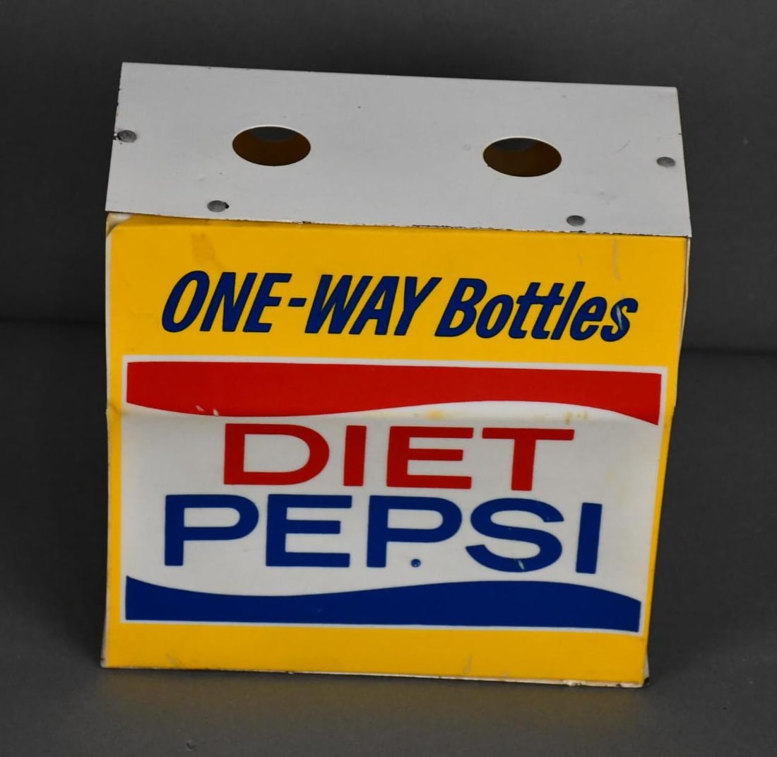 Diet Pepsi "One-Way Bottles" Lighted Plastic Sign: rated 7.25, 7"x7"x5", the molded plastic light sign, has wear and the front is push in slightly, works.
