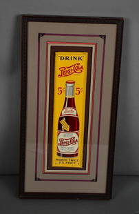 Drink Pepsi:Cola 5¢ w/Bottle Metal Sign: rated 8.9, 13.5"x3.5", the SST self-framed sign has very good color and shine, field is clean, has a fine scratches at the bottom left-hand corner, light wear around the perimeter, marked G.S.W. has b