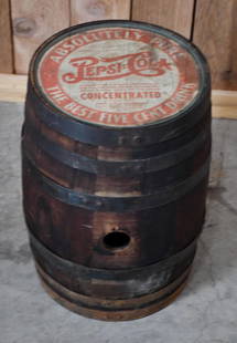 Pepsi:Cola Syrup Wood Barrel w/Paper Label: rated 7, 20"T. the paper label has wear, has&nbsp; glass top to protect it.