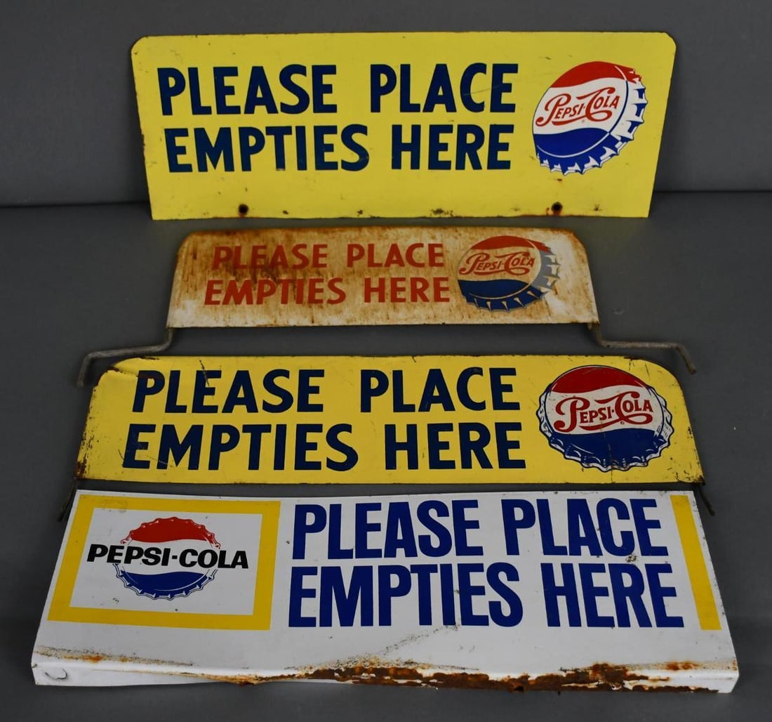 4-Different Pepsi-Cola "Please Place Empties Here" Metal Signs: rated 6 to 7, 5"x19" or less in size, all have some wear and scratches.