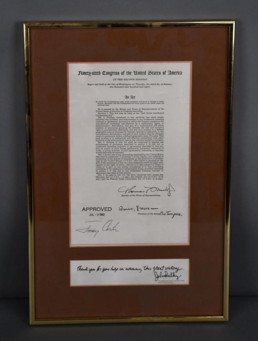 "Soft Drink Interbrand Competition Act" Signed By Jimmy Carter & Tip O'neil (1 of 5)