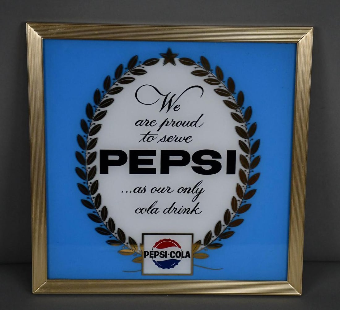 We are Proud to Serve Pepsi Glass Sign: rated 9, 14"x14", in very good condition.