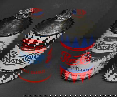 2-Different Pepsi:Cola Metal Cone Top Cans: rated 7 & 9, the first with five bottle caps has wear and scratches, 2nd has excellent color and shine, both are empty.