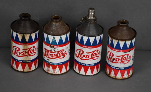 4-Pepsi:Cola Metal Cone Top Cans: rated 6.75 to 7.5, 12 ounce round cone top cans, all have good color, all has wear and fine scratches, couple have minor dents, all are empty.