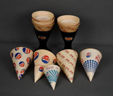 2-Pepsi:Cola Bakelite Paper Cup Holders w/Cups: rated 7 to 8, the Bakelite cup holders one has light wear the other has more decal damage, 20+ different sizes of cone paper cups.